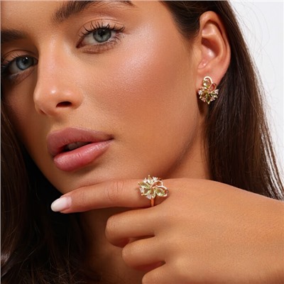 Комплект ювелирной бижутерии коллекция "Дубай" серьги и кольцо 19 р, покрытие позолота, вставка: фианиты, цвет: светло-зеленый и прозрачный, арт.215.482-19