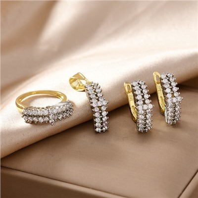 Комплект ювелирной бижутерии Итальянское золото (покрытие желтое 14к) серьги, кулон и кольцо 19 р, вставка: фианиты, цвет: прозрачный, арт.217.338-19