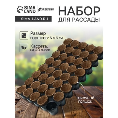 Набор для рассады: торфяной горшок 6 × 6 см, кассета на 40 ячеек, Greengo