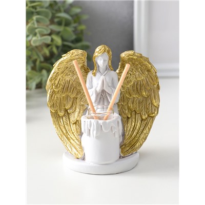 Аромадиффузор для эфирных масел с палочками «Ангел со свечой», полистоун, белый с золотом, 7.5×12×11 см