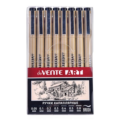 Набор ручек капиллярных "ART" 08 шт, d=0,05, 0,1, 0,2, 0,3, 0,4, 0,5, 0,8 мм и кистевидный, чернила - черные перманентные, круглый корпус, металлический клип, пишущий узел в металлической обойме (кроме кистевидного), в пластиковой коробке