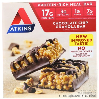 Atkins, Батончик с гранолой и шоколадной стружкой, 5 батончиков, весом 48 г (1,69 унции) каждый