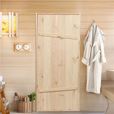 Дверь для бани и сауны, 180×80 см по коробке, сосна, на клиньях, массив, «Добропаровъ»