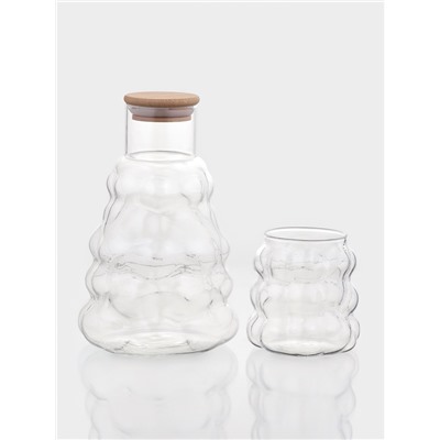 Графин «Рельеф», 1 л, 13×13×24 см, со стаканом 350 мл, с бамбуковой крышкой, стекло, прозрачный