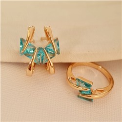 Комплект ювелирной бижутерии коллекция "Дубай" серьги и кольцо 19 р, покрытие позолота, вставка: фианиты, цвет: голубой, арт.314.996-19