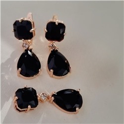 Комплект ювелирной бижутерии Дубайское золото: серьги и кулон с крупным камнем, покрытие позолота, вставка: фианит, цвет: черный, арт.414.041