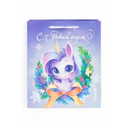 Пакет новогодний ламинированный подарочный «Новый год 2026», единорог, ML 23×27×11.5 см