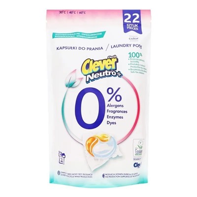 Капсулы Clever Neutro+ Laundry Pods Color CLOVIN для стирки гипоаллергенные 22 шт (22 х 18г) 396г, 779774