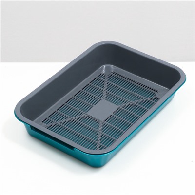 Туалет для кошек, 36×26×6.5 с, средний, с сеткой, пластик, серый, бирюзовый