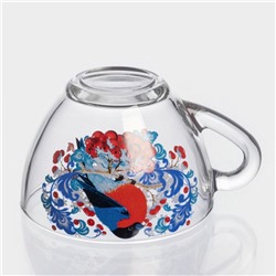 Чайная пара новогодняя «Снегири на рябине», 200 мл, блюдце d=13 см, стекло, прозрачная