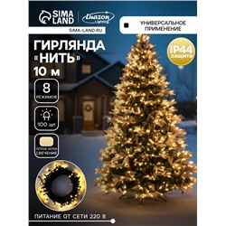 Гирлянда «Нить» 10 м, IP44, тёмная нить, 100 LED, свечение тёплое белое, 8 режимов, 220 В