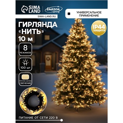 Гирлянда «Нить» 10 м, IP44, тёмная нить, 100 LED, свечение тёплое белое, 8 режимов, 220 В