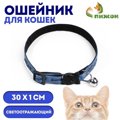 Ошейник кошачий со светоотражающим покрытием «Рыбки», 30×1 см, голубой