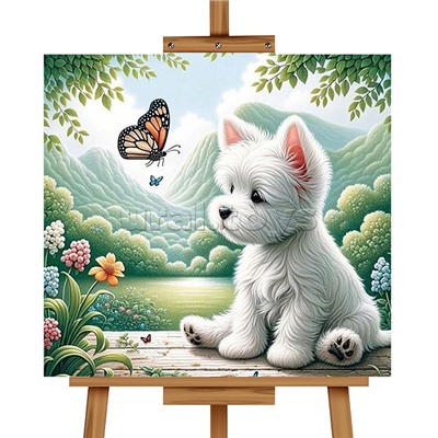 Мозаика алмазная "Щенок и бабочка" 20*20 см.