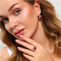 Комплект ювелирной бижутерии коллекция "Дубай" серьги и кольцо 17 р, покрытие позолота, вставка: фианиты, цвет: прозрачный и красный, арт.213.966-17