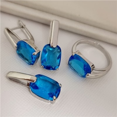 Комплект ювелирной бижутерии коллекция "Дубай" серьги, кулон и кольцо 20 р покрытие посеребрение, вставка: стекло, цвет: голубой, арт.215.532-20