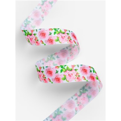 Лента репсовая «Розы», 25 мм, 18±1 м, белая, розовая