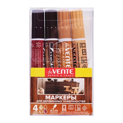 Набор маркеров для деревянных поверхностей "Repair & Craft" 4 цвета (бук, дуб, красное дерево, орех) круглый корпус, скошенный наконечник, ширина линии письма 1-5 мм