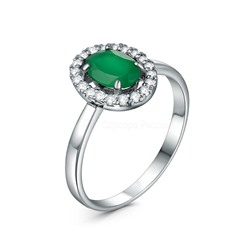 Кольцо из серебра с зелёным агатом и фианитами родированное 10156р459