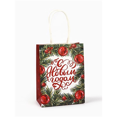 Пакет бумажный подарочный новогодний крафт «С Новым годом» 16×12×6 см