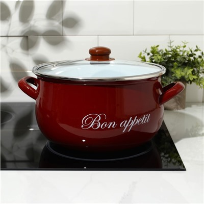 Кастрюля эмалированная «Бордо», 4 л, d=20 см, стеклянная крышка, индукция, цвет бордовый