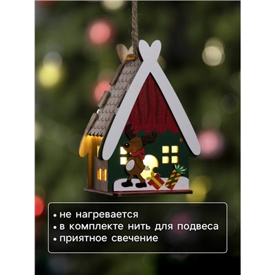 Ёлочная игрушка «Домик с оленем», 7.7×11×6 см, 1 LED, от батареек, свечение тёплое белое