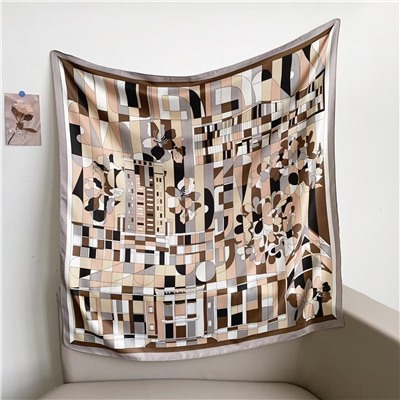 Платок шелковый на голову и шею весенний, мультицвет