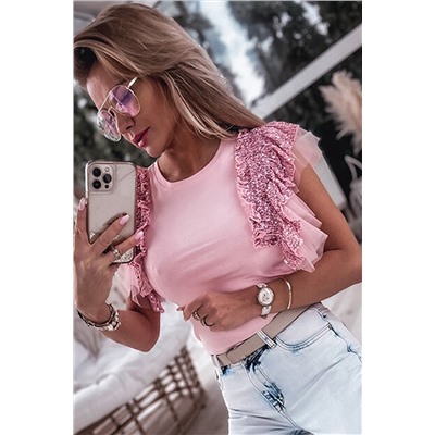 Pink Sequined Ruffle Mesh Sleeves Top