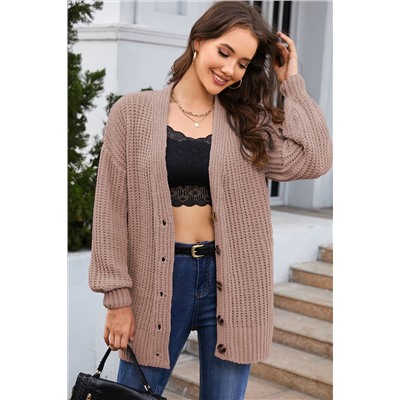 Khaki Buttoned Front Drop Shoulder Knitted Cardigan