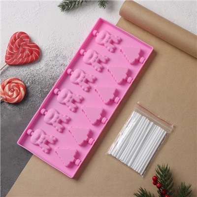 Форма для леденцов Доляна «Новый год», силикон, 25×10,5×1 см, 12 ячеек, с палочками, цвет розовый