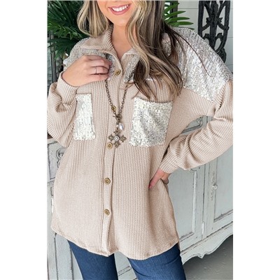 Parchment Sequin Patch Chest Pocket Corded Shacket