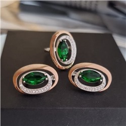 Комплект ювелирной бижутерии коллекция "Дубай",серьги и кольцо посеребрение с позолотой, вставка: камень зеленый, р-р 18,5, 09809, арт.001.458-18,5