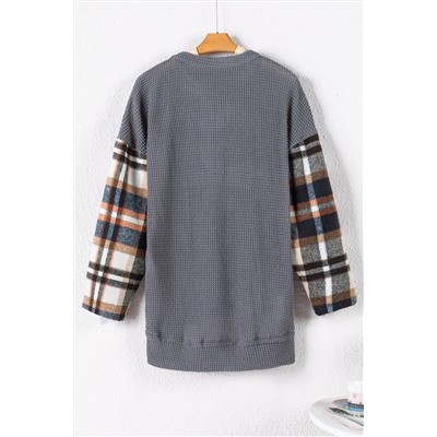 Dark Grey Loose Plaid Patchwork Textured Knit Henley Top