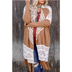 Brown Western Furry Knit Tassel Hem Cardigan