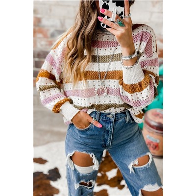 Multicolor Striped Hollowed Knitted Loose Sweater