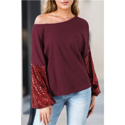 Biking Red Sequin Patchwork Sleeve Open Back Waffle Knit Top