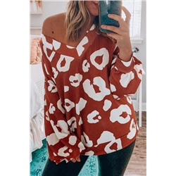 Fiery Red Clay Leopard Print Bishop Sleeve V-Neck Top