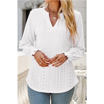 White Split Neck Textured Loose Blouse