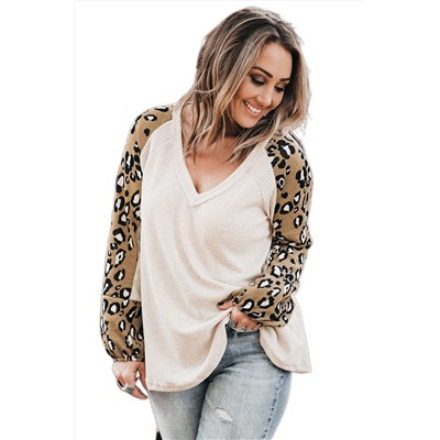 Beige Printed Plus Size Waffle Knit Contrast Leopard Long Sleeve Top