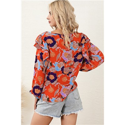 Red Floral Print Ruffle Puff Sleeve Blouse