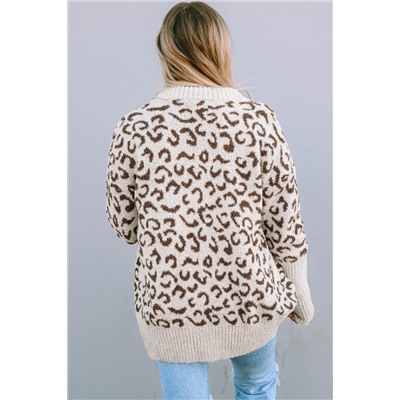 Khaki Fuzzy Leopard Ribbed Trim Lapel Collar Cardigan