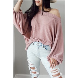 Pink One-Shoulder Balloon Sleeve Ribbed Blouse