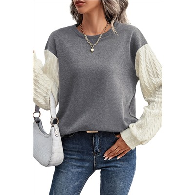 Dark Grey Cable Knit Sleeves Crew Neck Sweatshirt