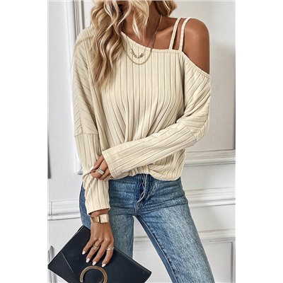 Apricot Asymmetrical Neck Cold Shoulder Twisted Knit Ribbed Top