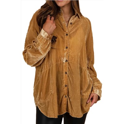 Gold Solid Color Button Up Loose Fit Velvet Shirt