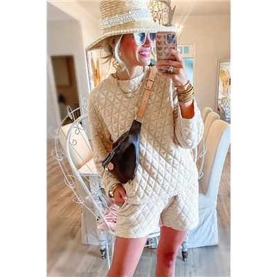 Beige Textured Long Sleeve Top Shorts Outfit