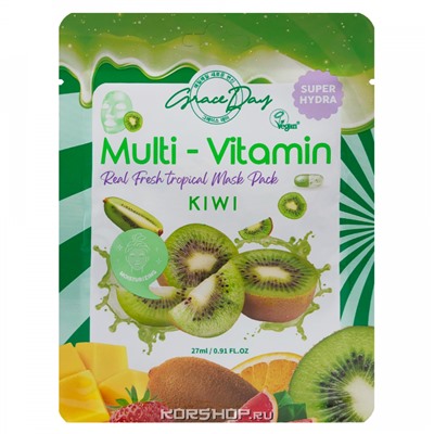 Тканевая маска для лица с поливитаминами и экстрактом киви Multy-Vitamin Grace Day, Корея, 27 мл Акция