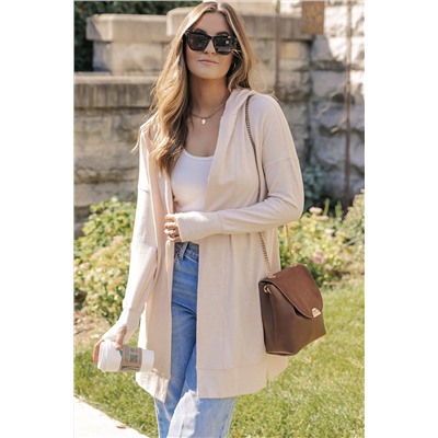 Apricot Open Front Hooded Long Cardigan with Slits
