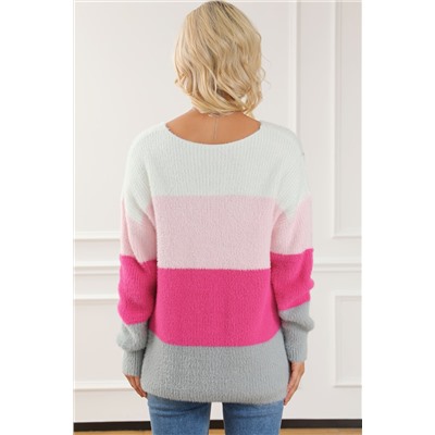 Striped Color Block Fuzzy V Neck Sweater