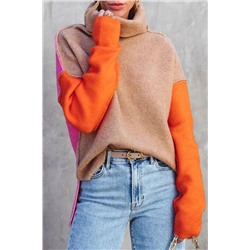 Khaki Color Block Turtle Neck Drop Shoulder Knit Sweater